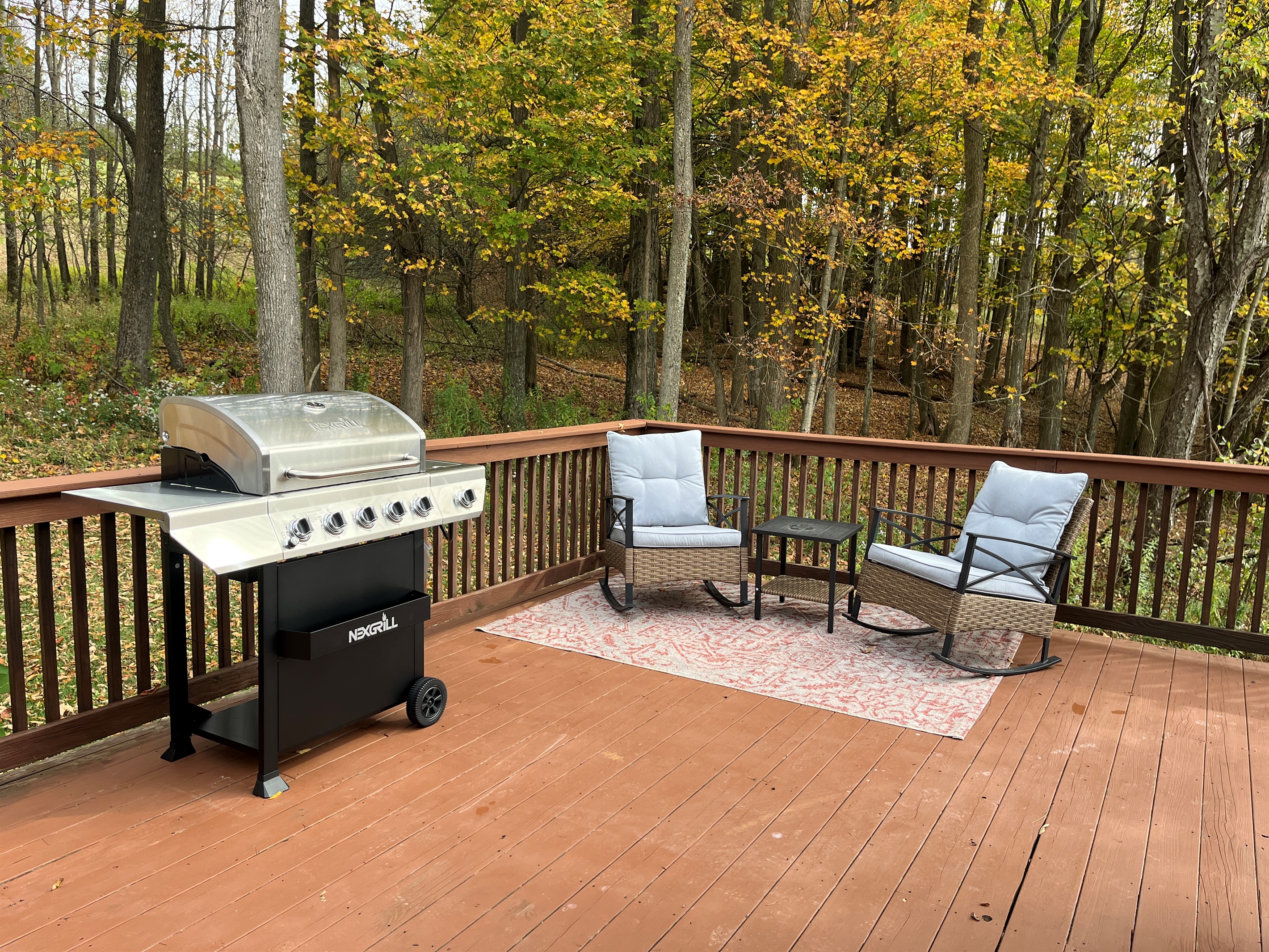 Gas grill and comfy chairs on the deck