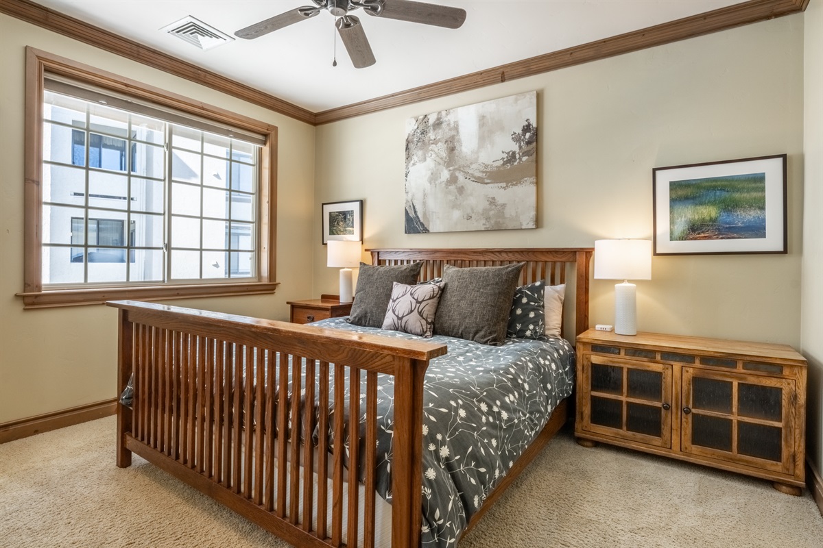 The comfortable king bedroom features a TV, large closet, and warm, bright light.