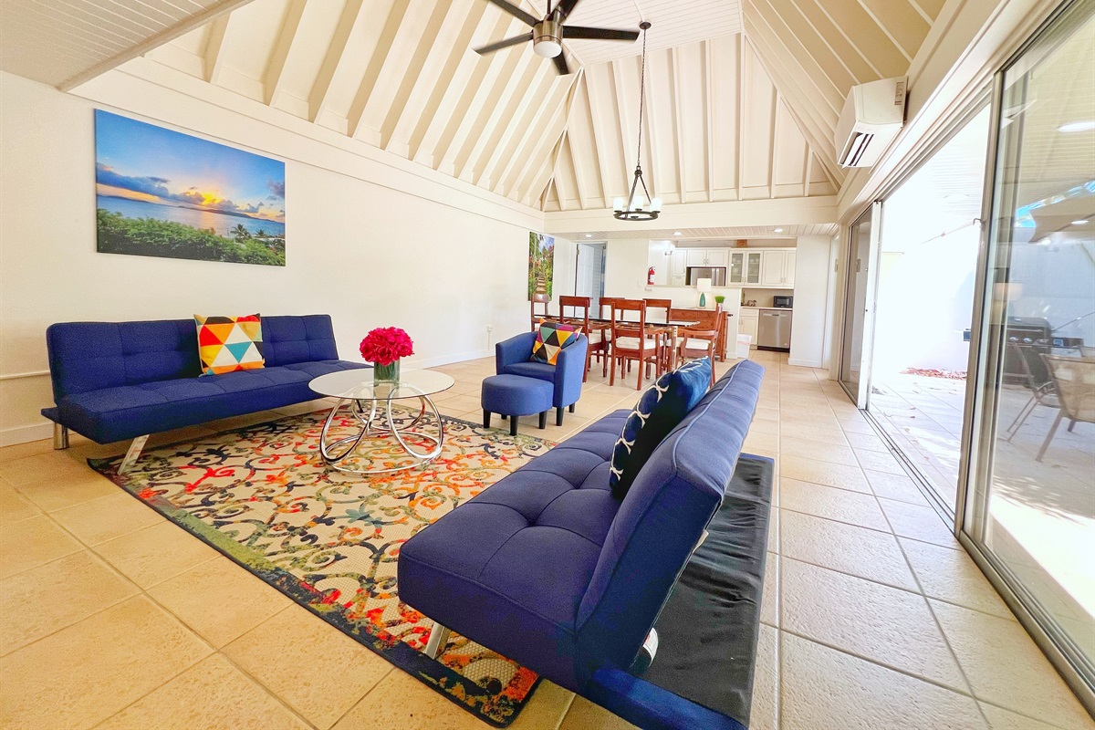 Two comfortable sofas provide the perfect spot to unwind after a day of adventure.