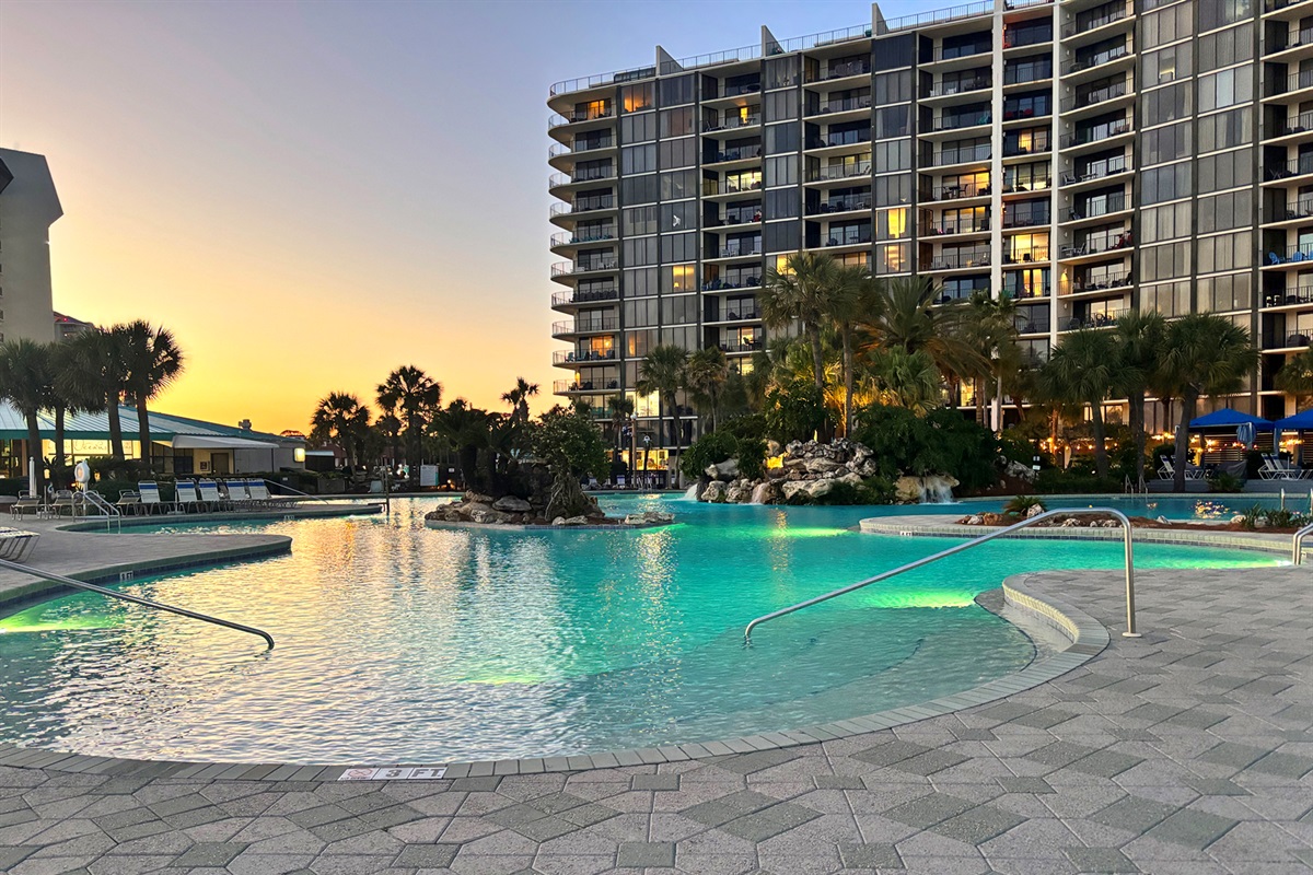 Edgewater Resort's famous beachfront lagoon style pool at sunset