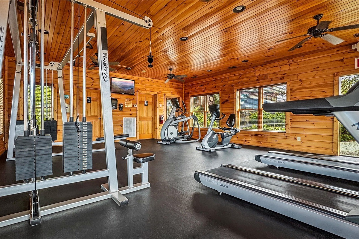 The fitness center is located near the pool