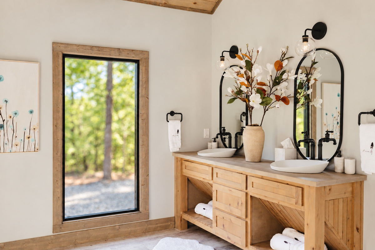 Spacious bathroom with double sinks and modern amenities.