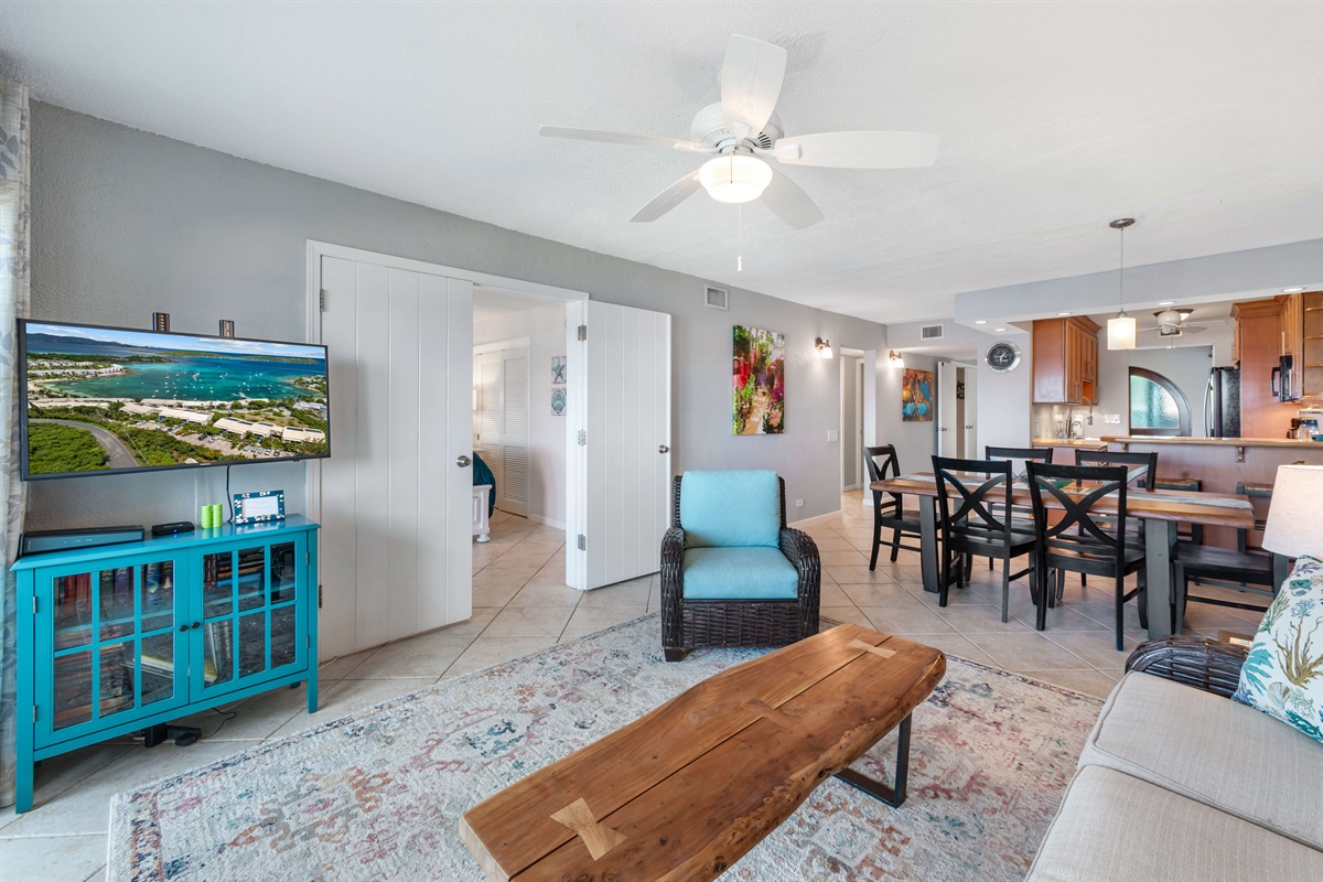 The dining area comfortably seats six and flows effortlessly into the living space.