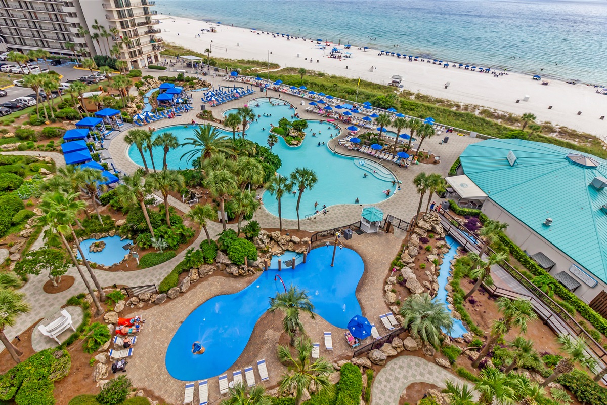 View of pools and hot tubs from balcony