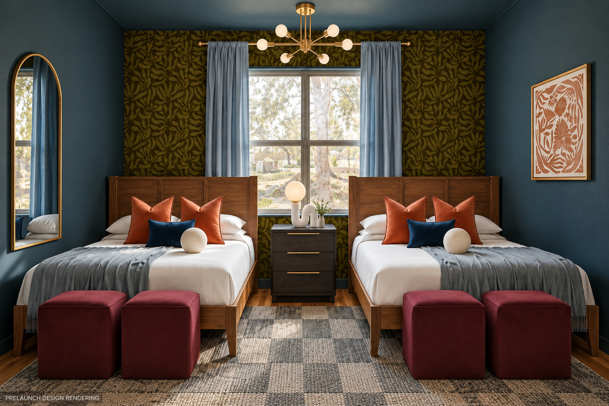 {Bedroom 4} Wind down after poolside afternoons and backyard competitions. Two wood-framed Queen beds, rich blue tones, and leafy wallpaper bring a relaxed desert-hideaway feel to your Scottsdale stay.