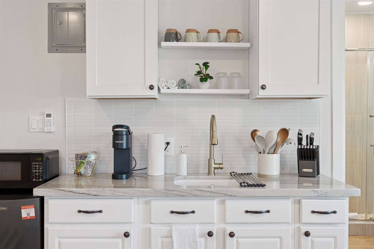 The updated kitchenette has all the essential for your stay