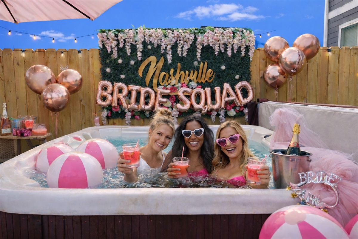 Soak under the Southern stars & string lights. Balloons and bachelorette decor for photos only.