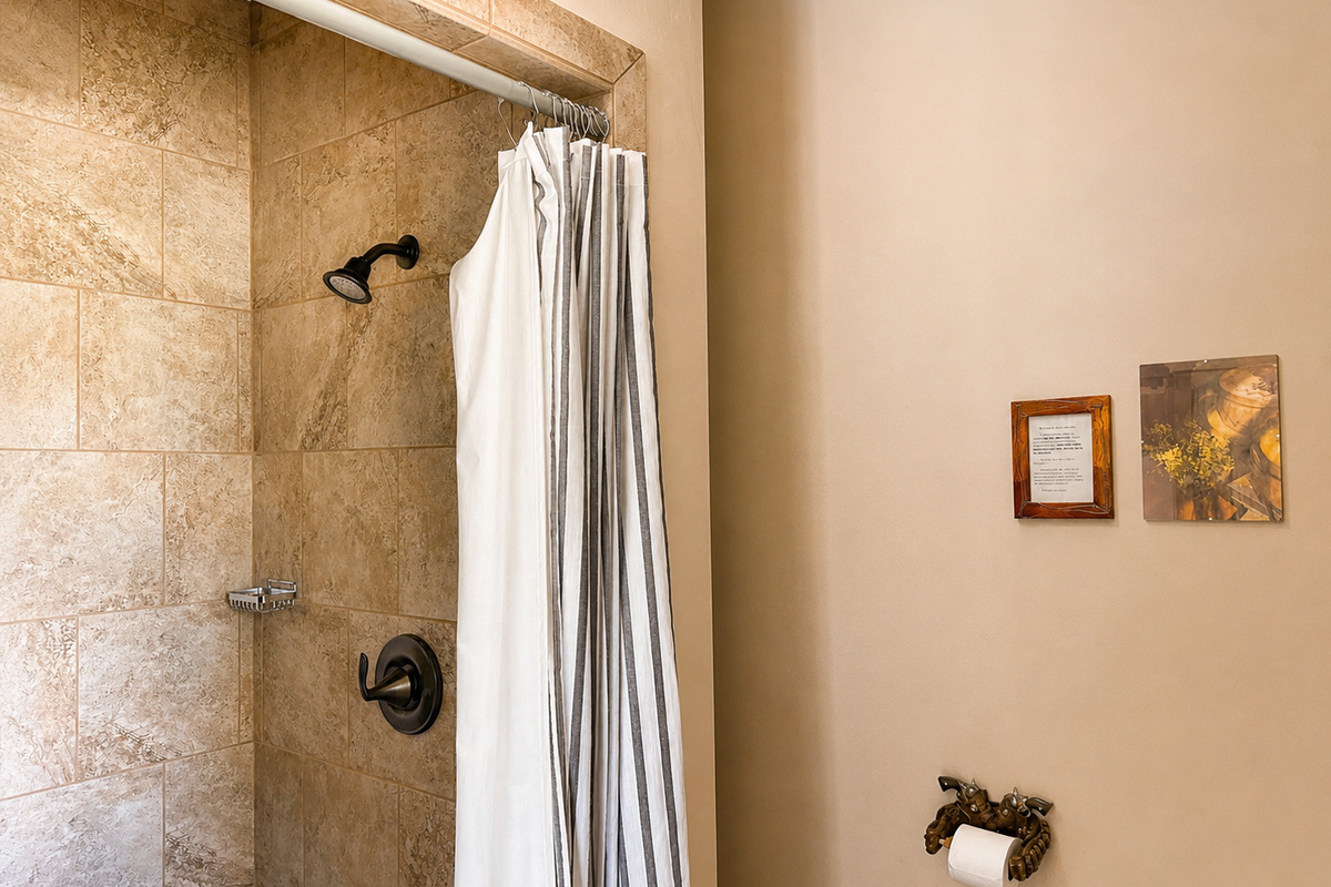 A walk-in tiled shower is ready for a warm rinse after a day on the trails or around the ranch.