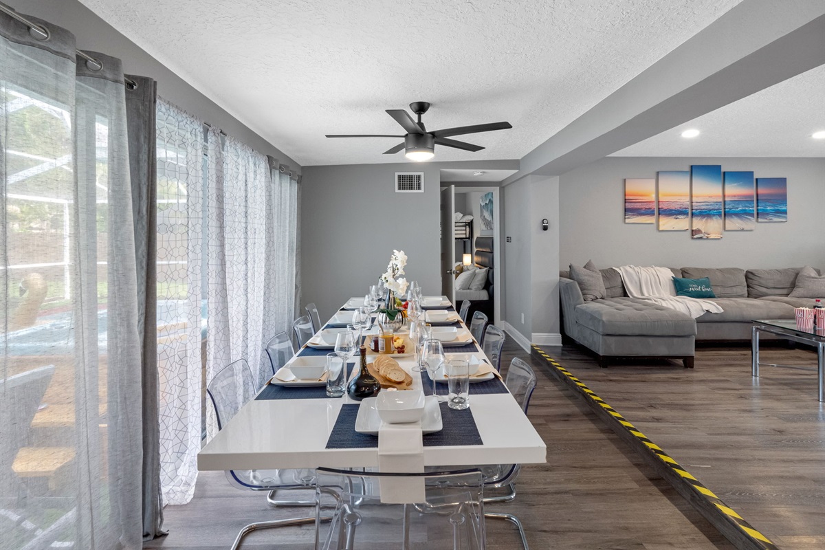 With ample seating and a long table layout, the dining area invites everyone to dine together, making it perfect for reunions and celebrations.