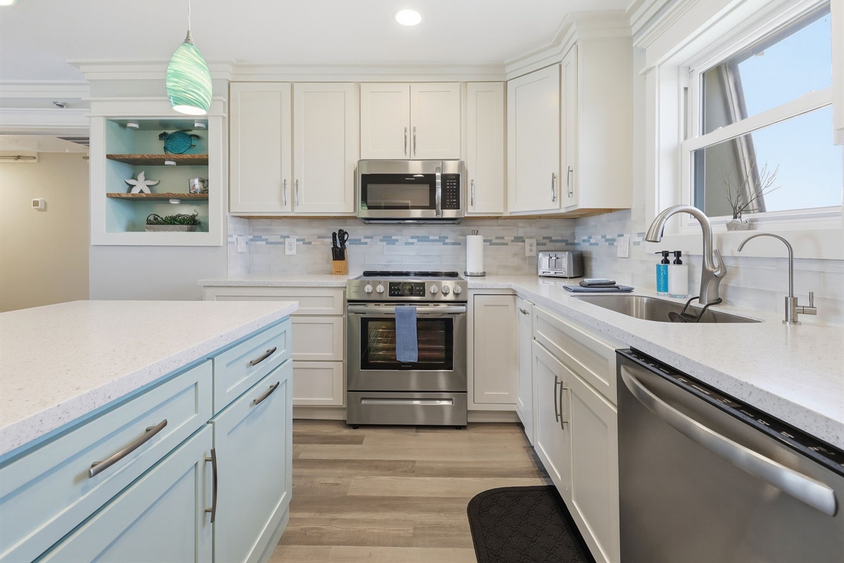 Clean and airy kitchen designed for easy vacation meals