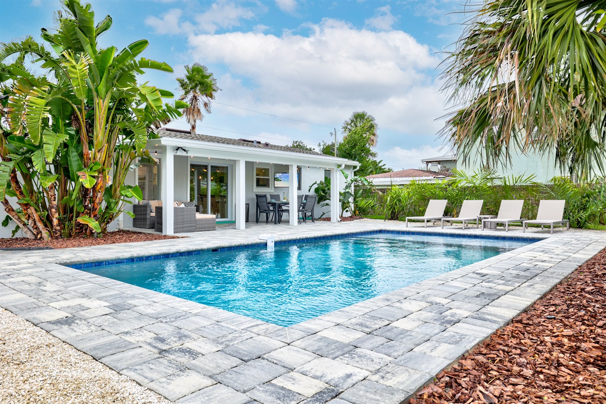 Private backyard with heated pool