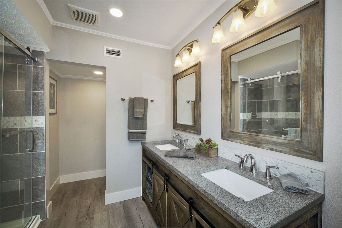 Main Floor Bath with walk in Shower and Double Vanity