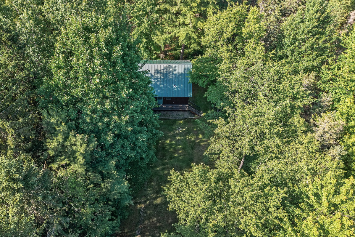 Aerial view of the wooded property