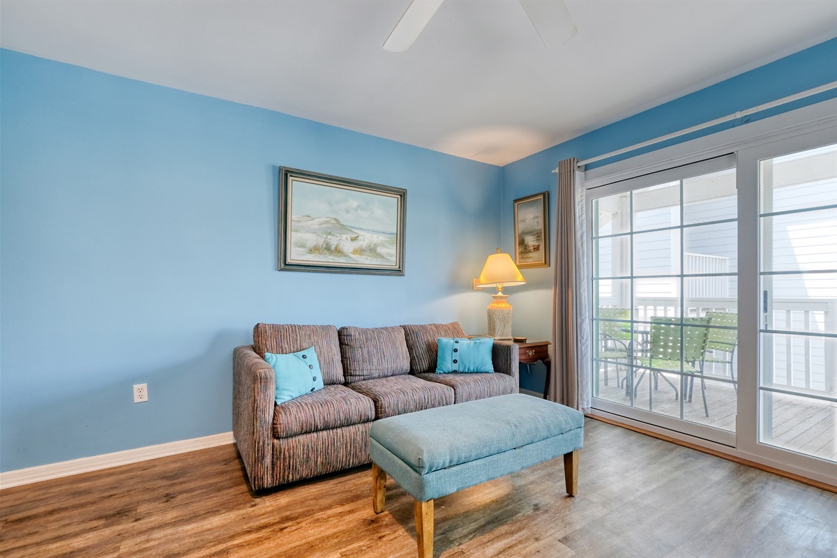 Living space has sliding glass doors that let in great natural light