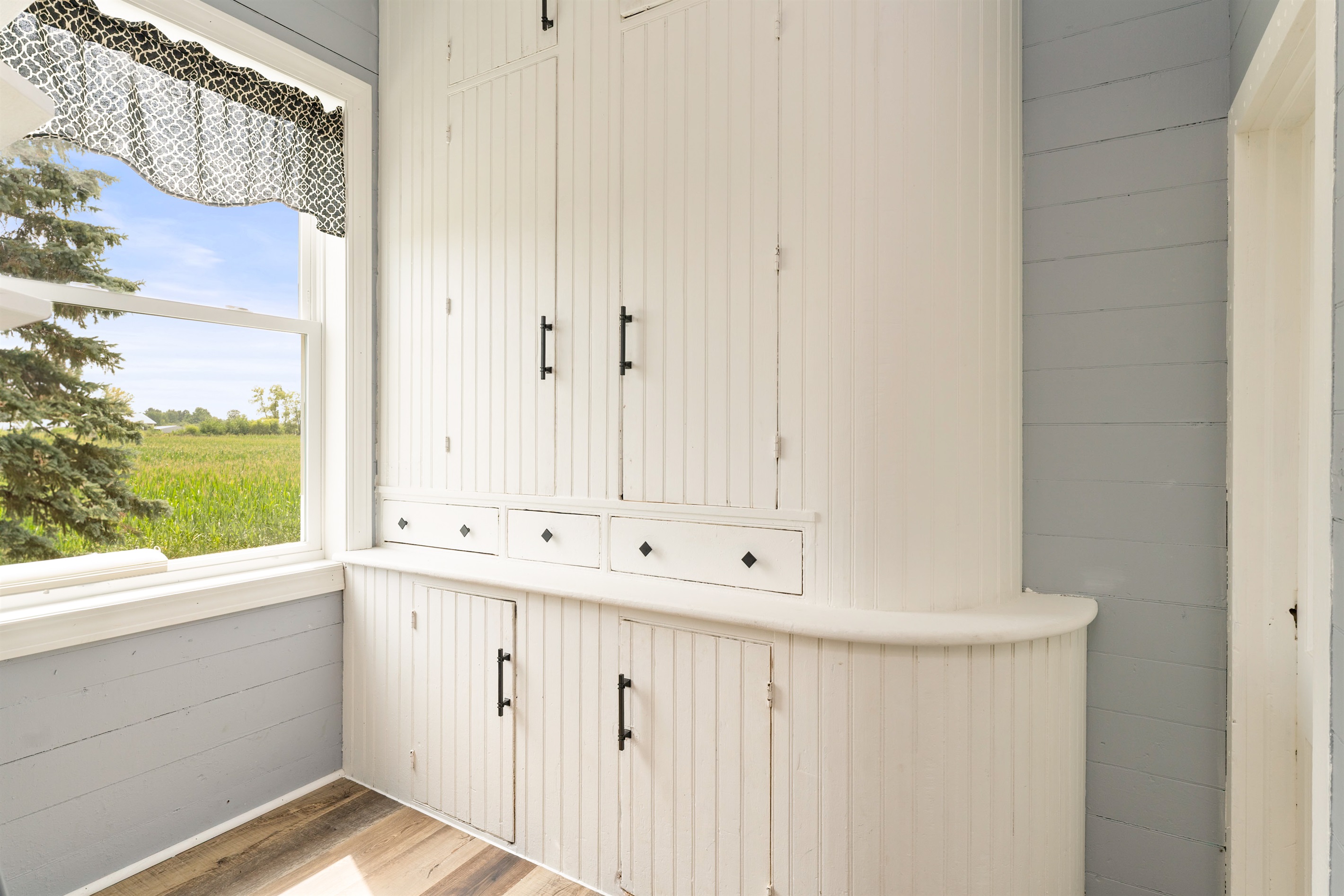 Charming built-in cabinetry with plenty of storage and vintage character, complemented by scenic views through the window.