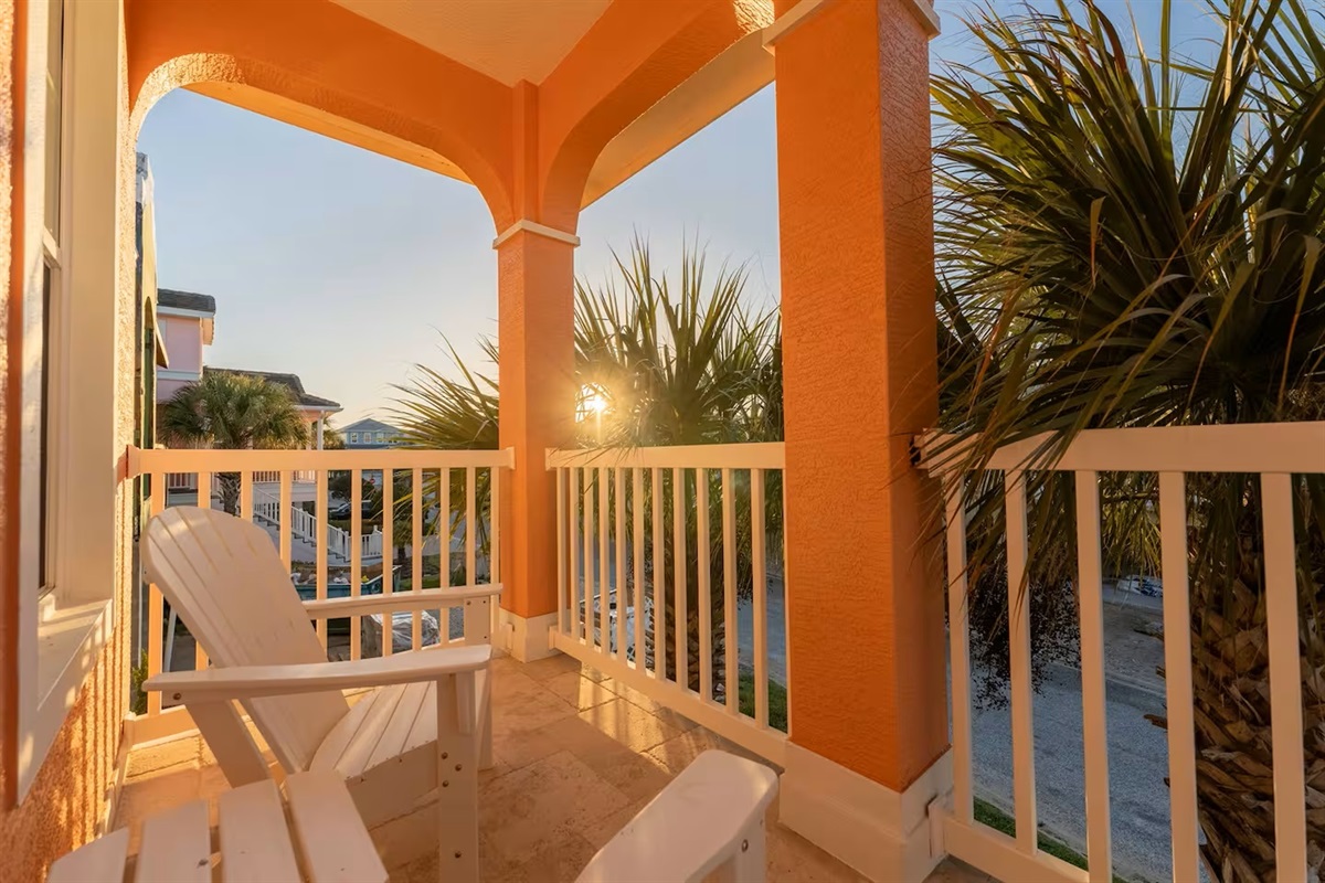 Golden-hour moments from your private balcony 🌅
Relax in Adirondack chairs, feel the ocean breeze, and watch the sun dip behind the palms—your favorite spot to unwind after a beach day.
