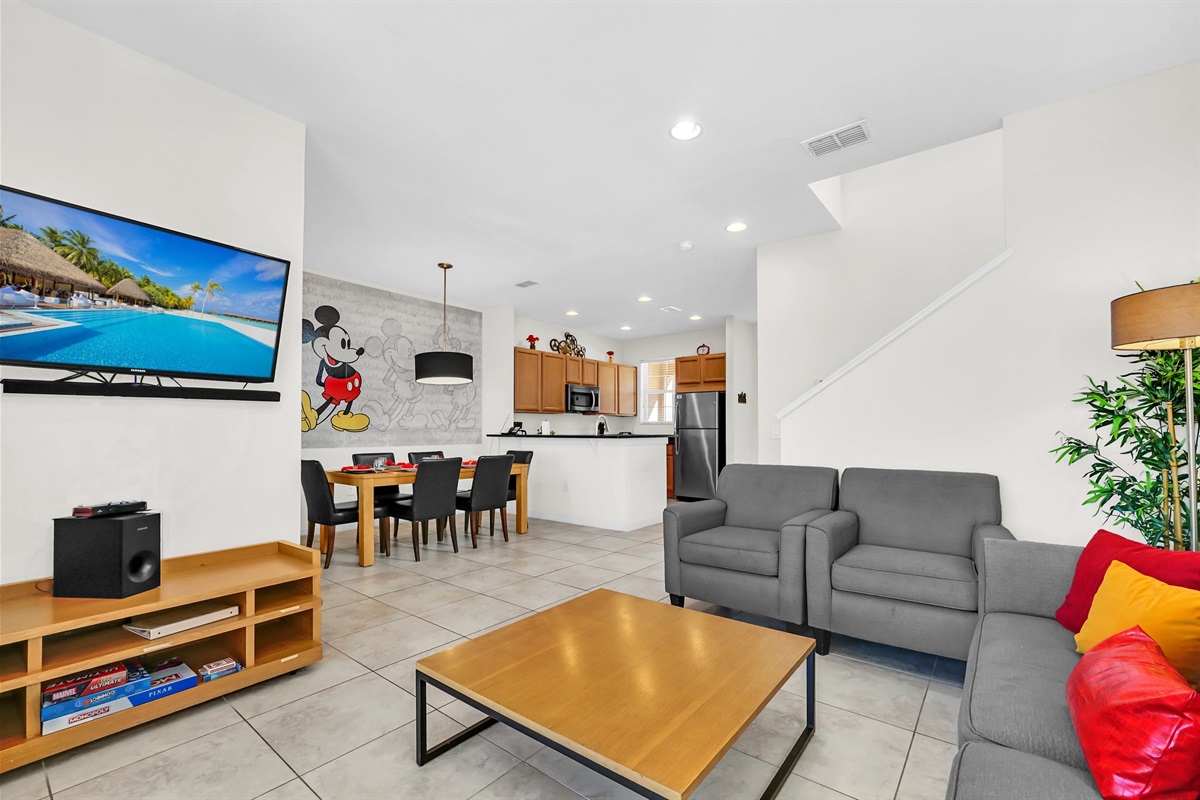 Living room overlooking dining room and kitchen
