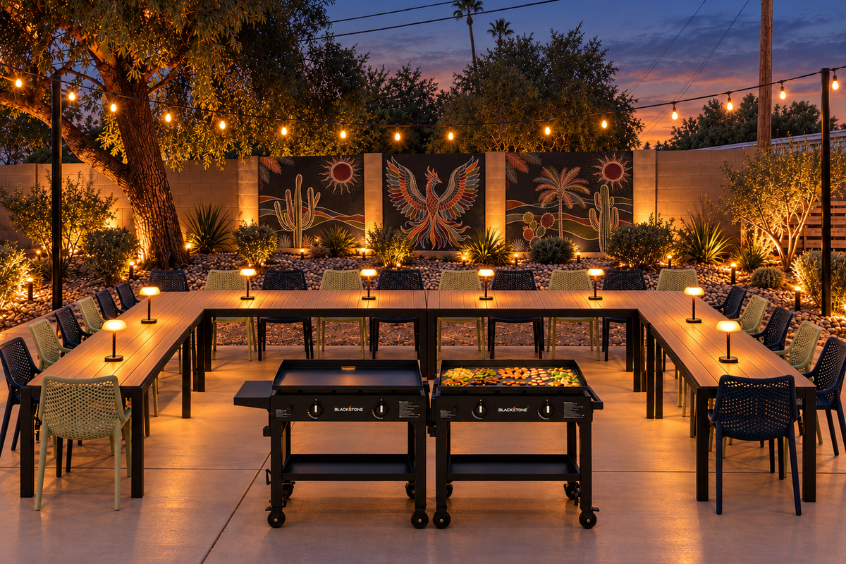 {Hibachi Dining} Firebird’s dedicated hibachi area is set with tables and seating for your private chef experience, framed by a custom desert mural and string lights. Our concierge can also help coordinate your hibachi event with our preferred local chef c