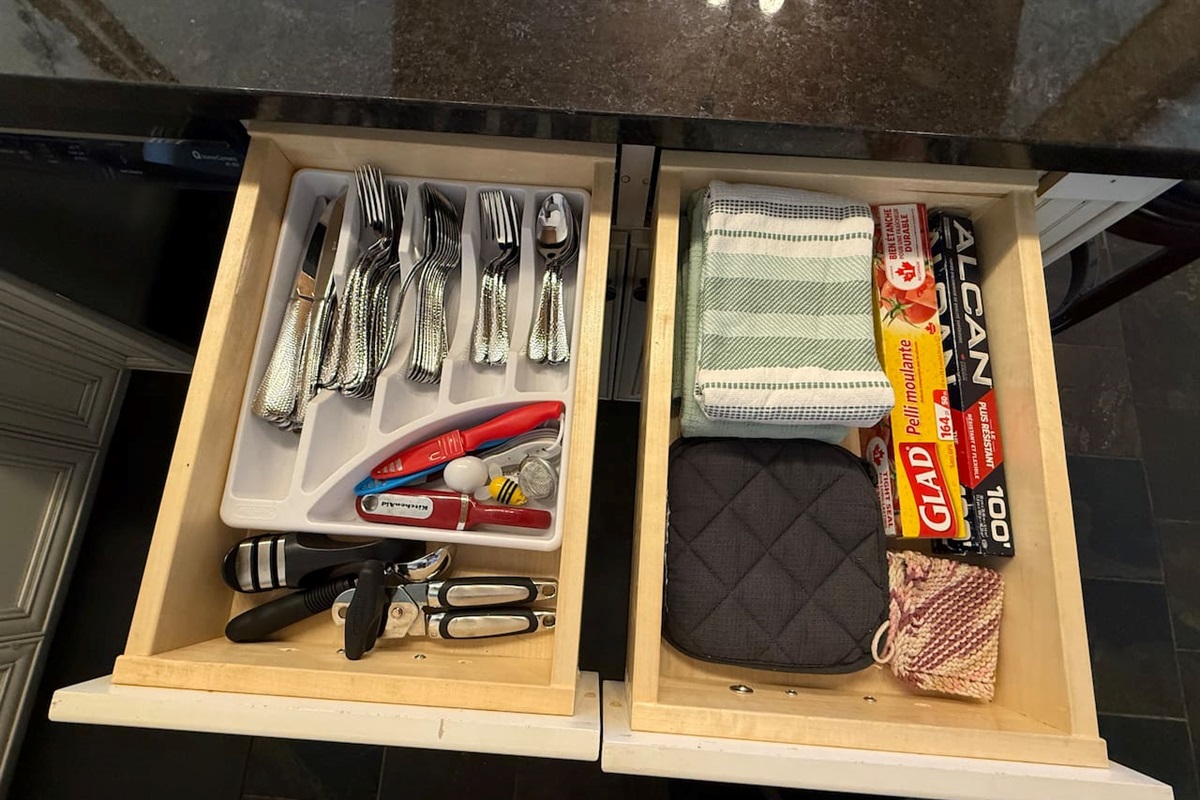 Organized & Stocked: Kitchen drawers are fully stocked with quality cookware, utensils, and organizers for your convenience during your Kimberley vacation.