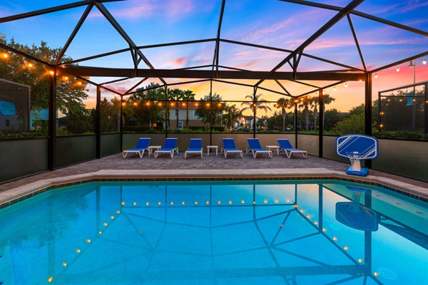 Unwind by the always warm pool (Free heating) at sunset as soft lights glow in the water and patio, creating the perfect twilight retreat to relax and recharge after a fun-filled day at the parks.