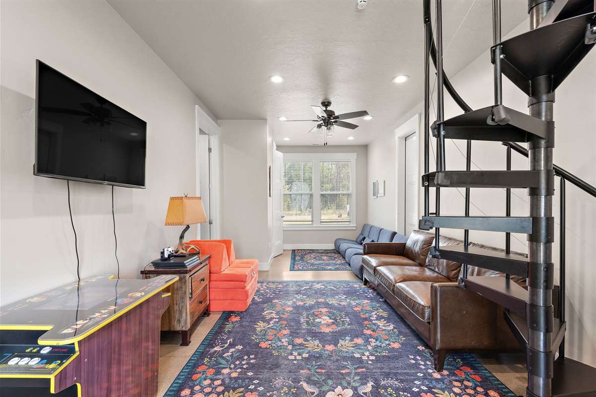 Secondary living area for relaxing and catching up on shows.