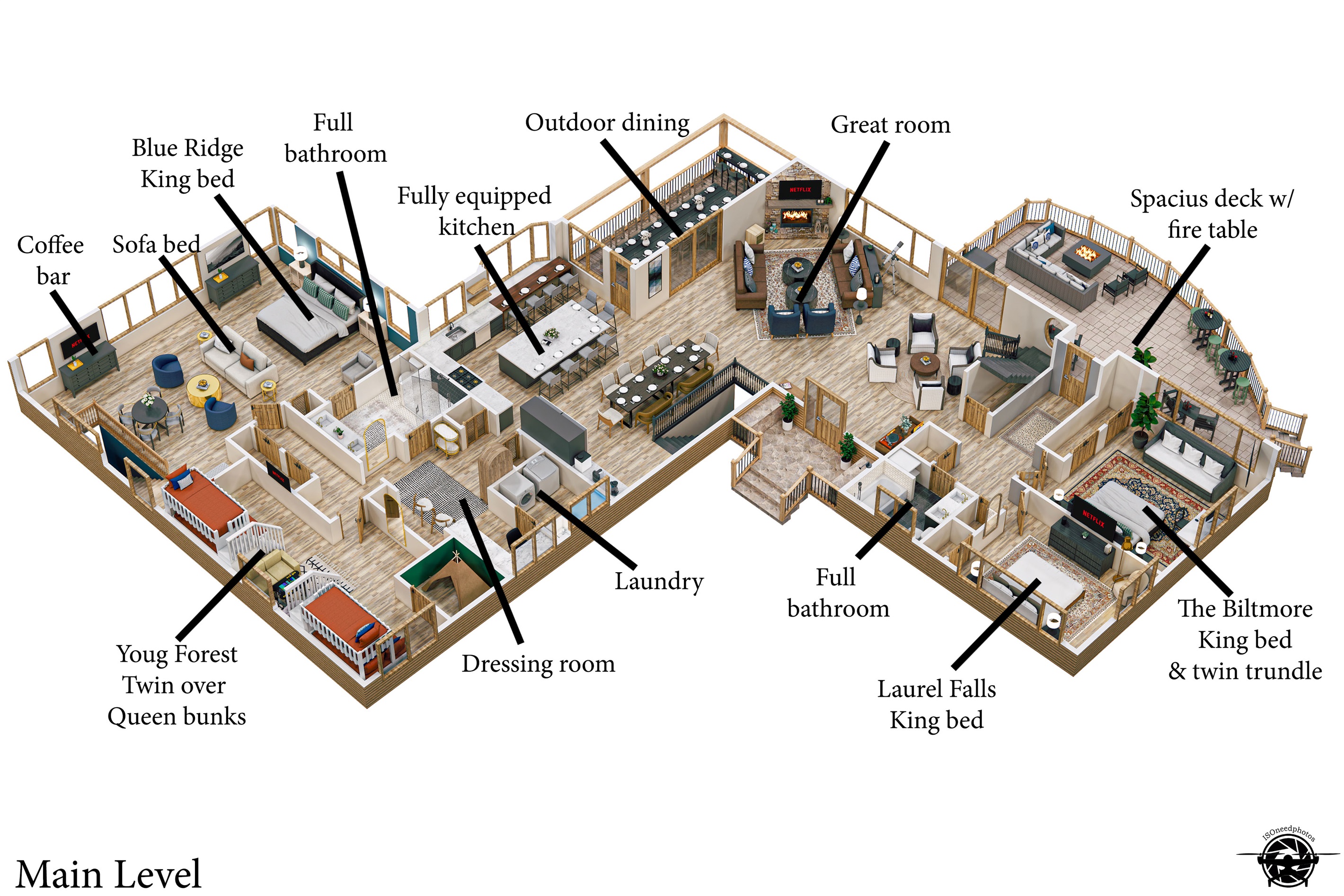 Spacious main level featuring open living areas, a full kitchen and dining space, a dressing room, and two separate bedroom wings.