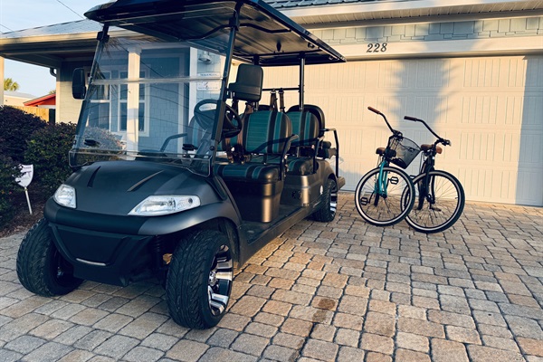 Golf Cart and 2 beach cruisers