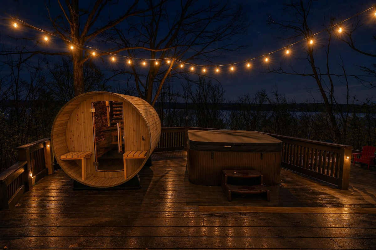 Unwind under the stars with your private hot tub and sauna, surrounded by glowing lights and serene lake views—perfect for a peaceful and romantic evening
