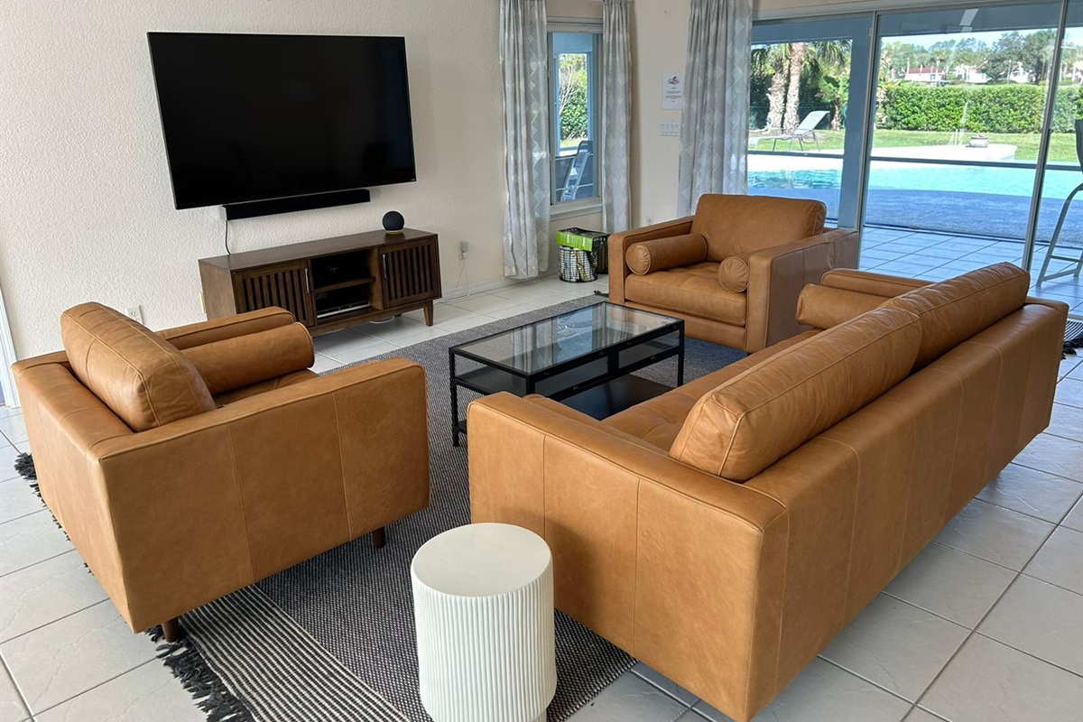 Living Room and smart TV, view of pool and backyard