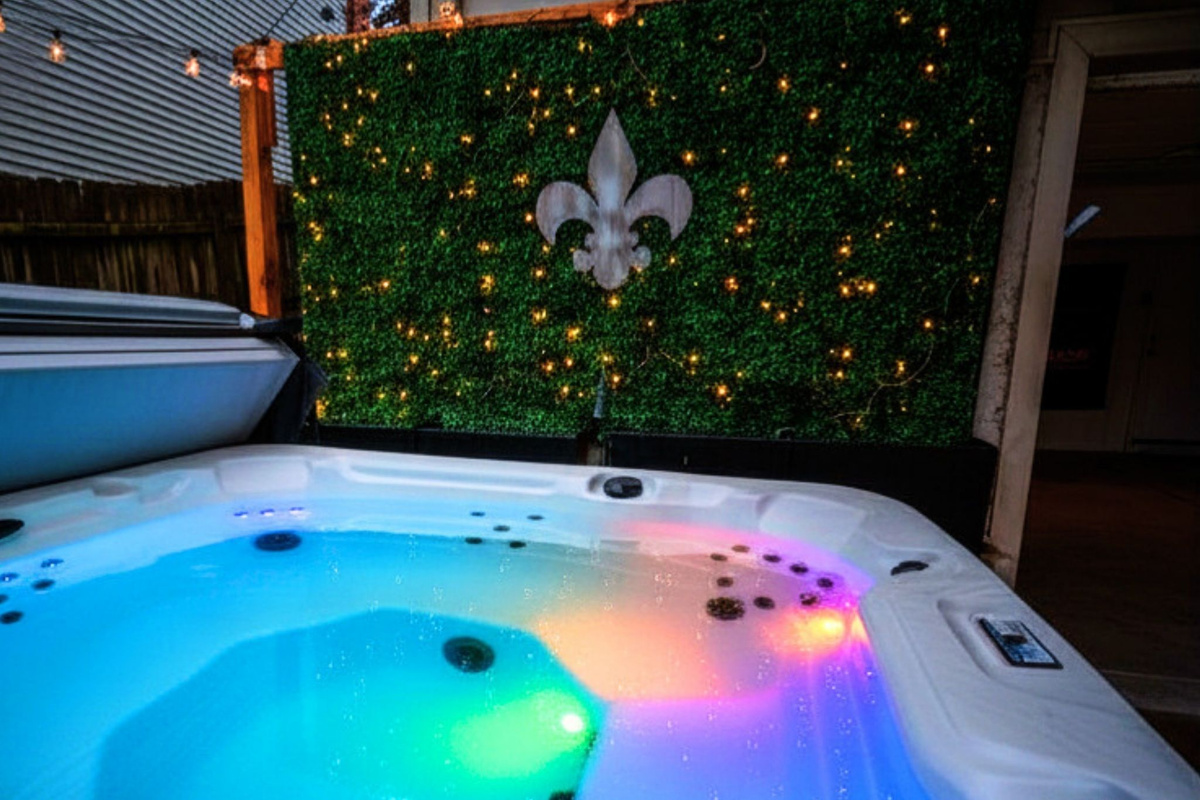 Relax in the private 7-person hot tub after a day exploring St. Louis.