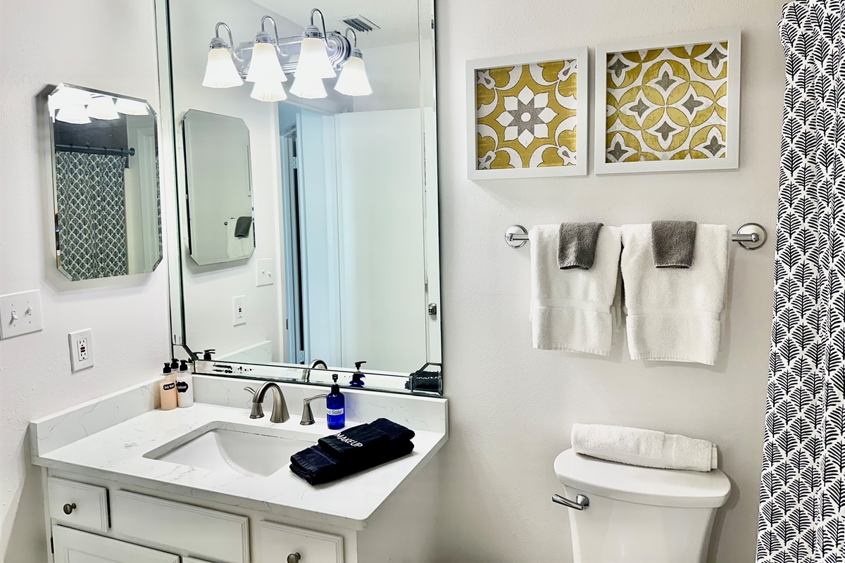 Adjoining bathroom with new quartz countertop, new sink and new faucet!