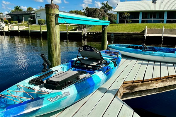 Two newly purchased fishing kayaks outfitted for fishing on the Caloosahatchee River