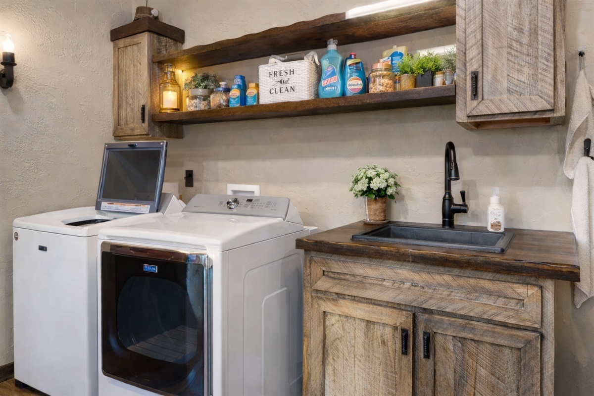 Our laundry room blends style and function with modern appliances, generous counter space, and everything you need for a convenient stay. We also provide complimentary laundry pods, so packing light is easy and stress-free.