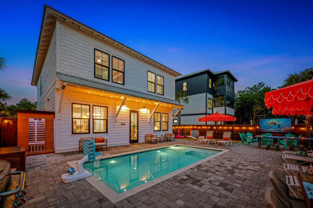 Your own private backyard retreat with pool, fire pit, games, and plenty of space to gather after a full day at the beach.
