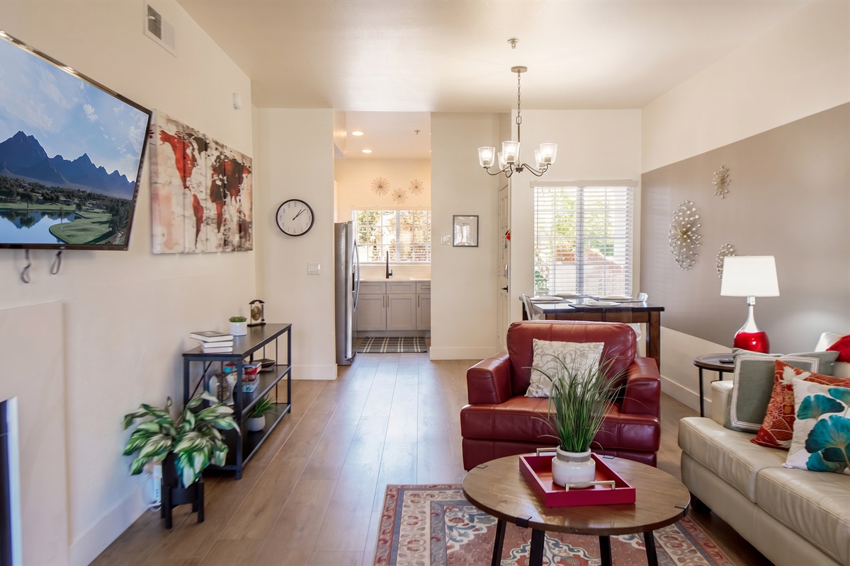 Open floor plan flows seamlessly from living room to kitchen.