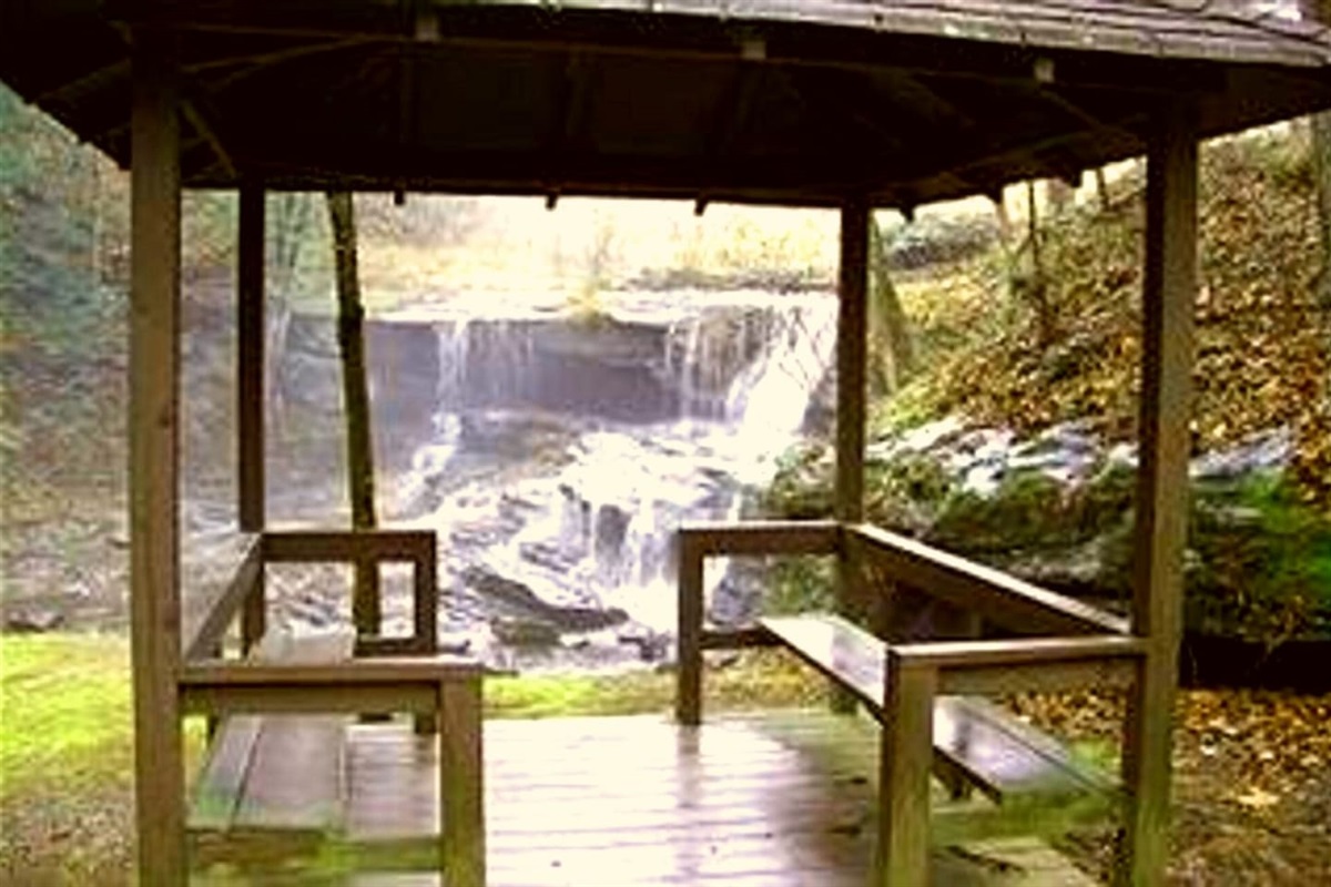 Pavilion at waterfall in Riverbend. Walk from cabin