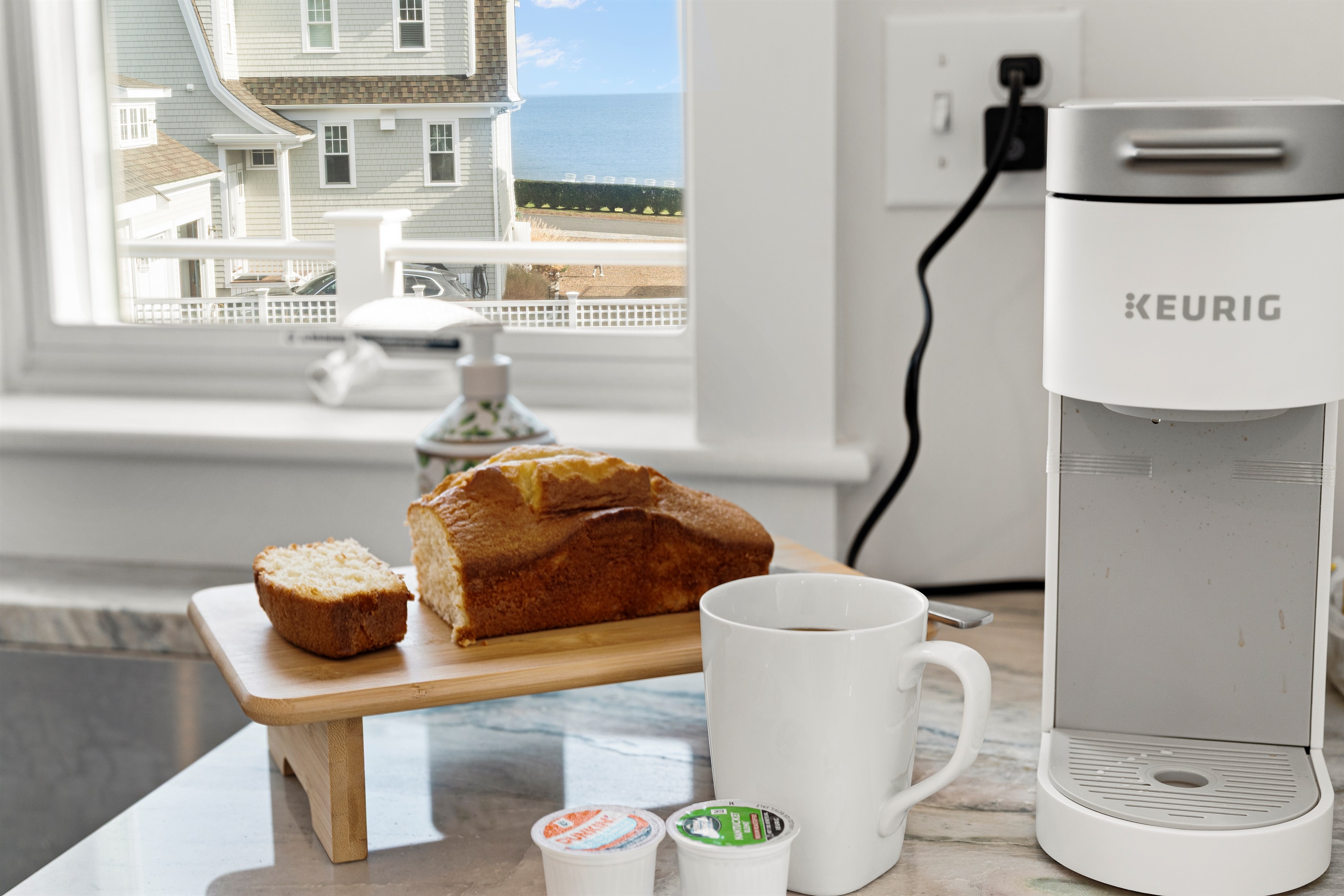 Wake up and fuel your day with the provided coffee maker.