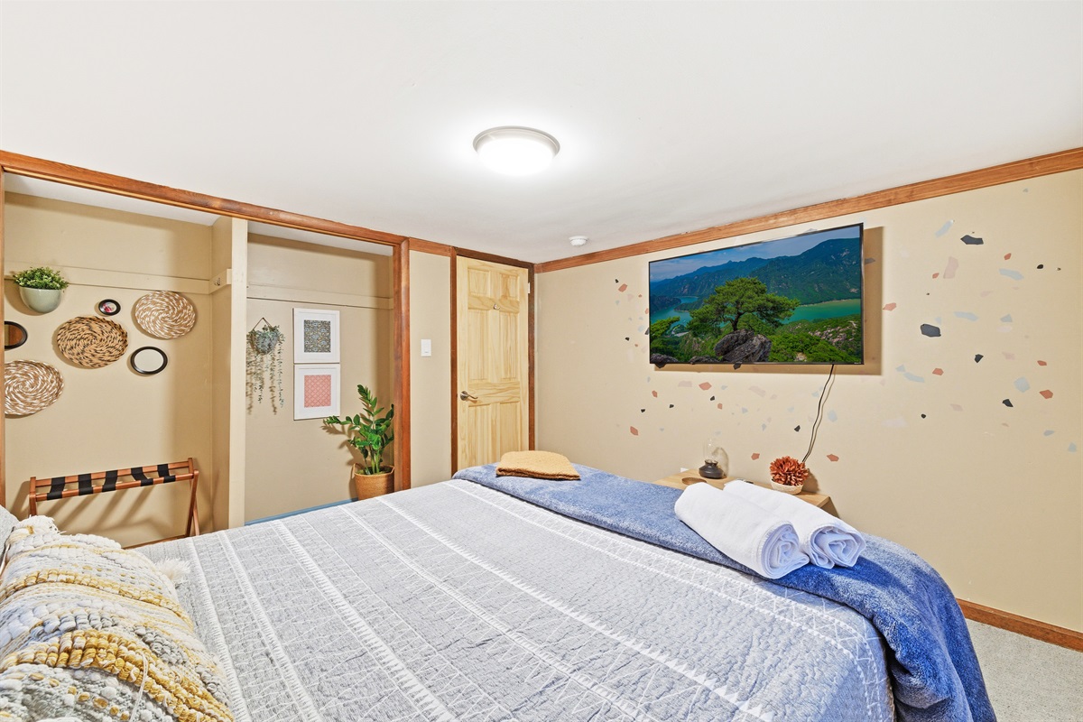 The downstairs queen bedroom includes its own TV