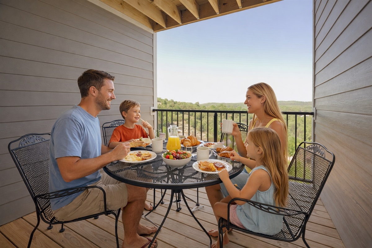 Enjoy breakfast on the private balcony with peaceful Ozark views