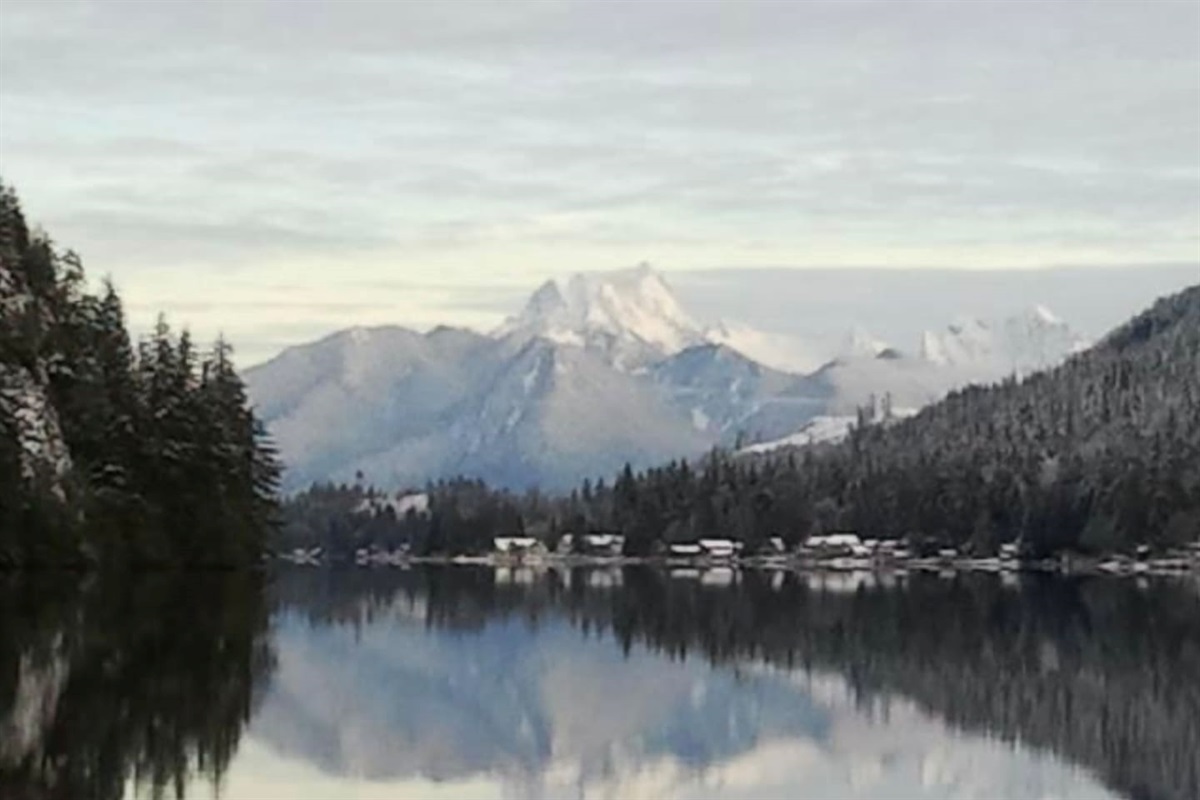 Winter scene with snow-capped mountains.