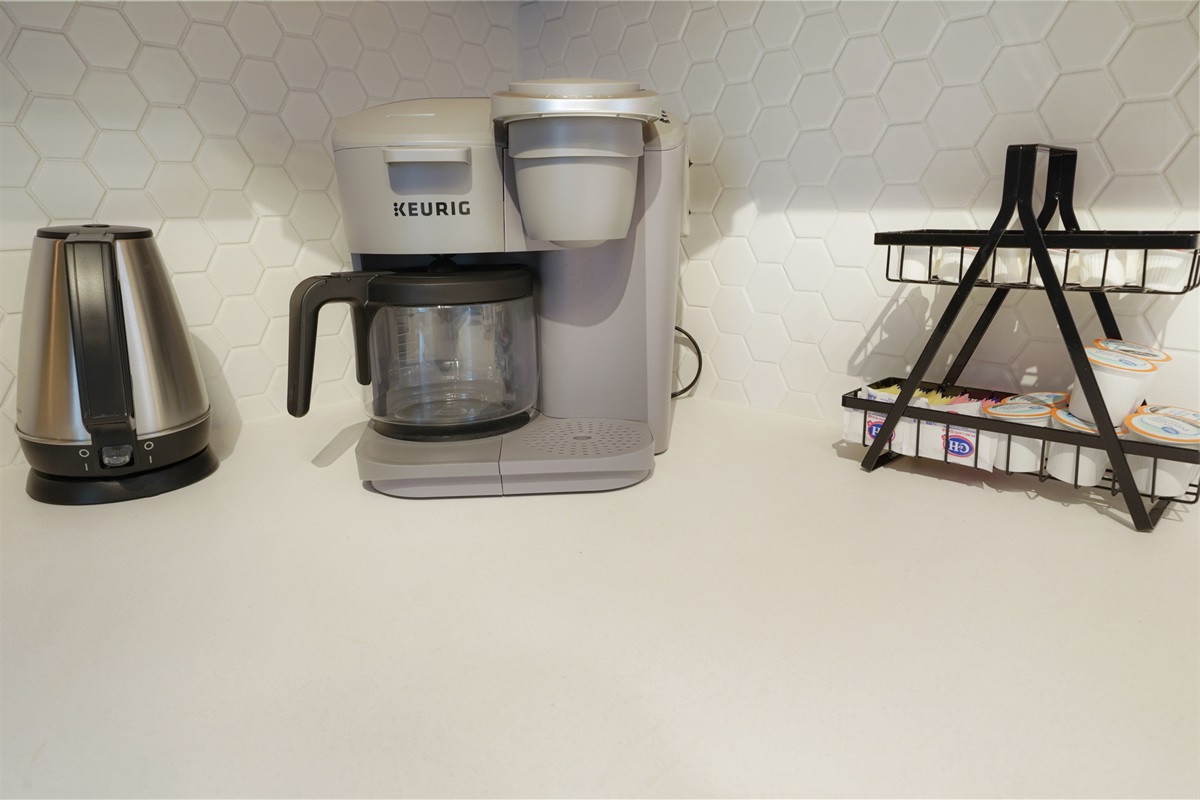 Fully stocked coffee station.