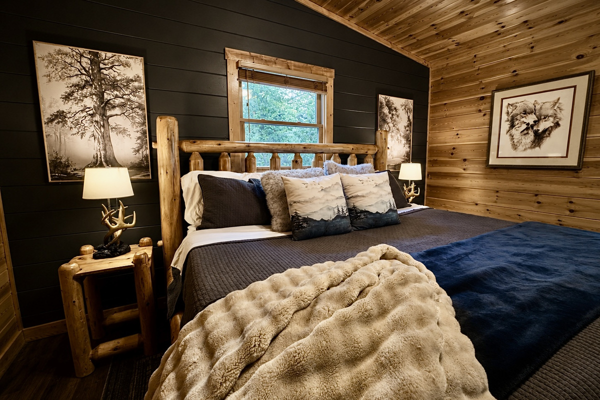 Spacious bedrooms, private ensuite baths and real, handmade log beds!
