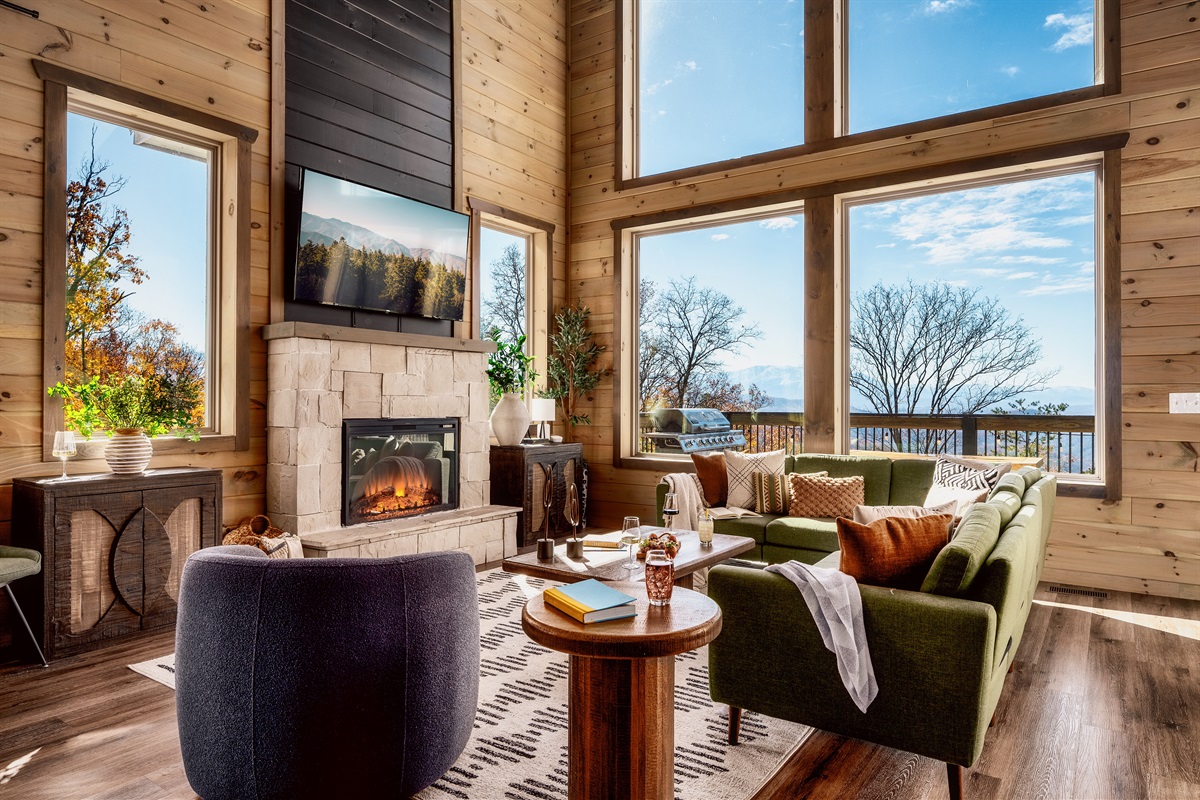 Sunlit living room designed for relaxing, reconnecting, and taking in the cabin vibe.