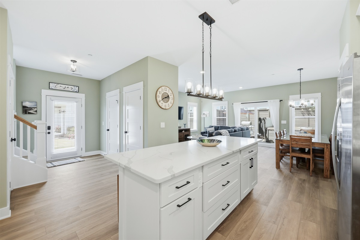 Large kitchen island perfect for meals, snacks, and gathering together