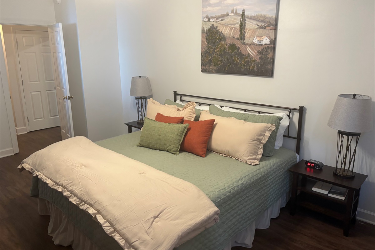 Master bedroom with king bed and large TV, ensuite bathroom and walk in closet.