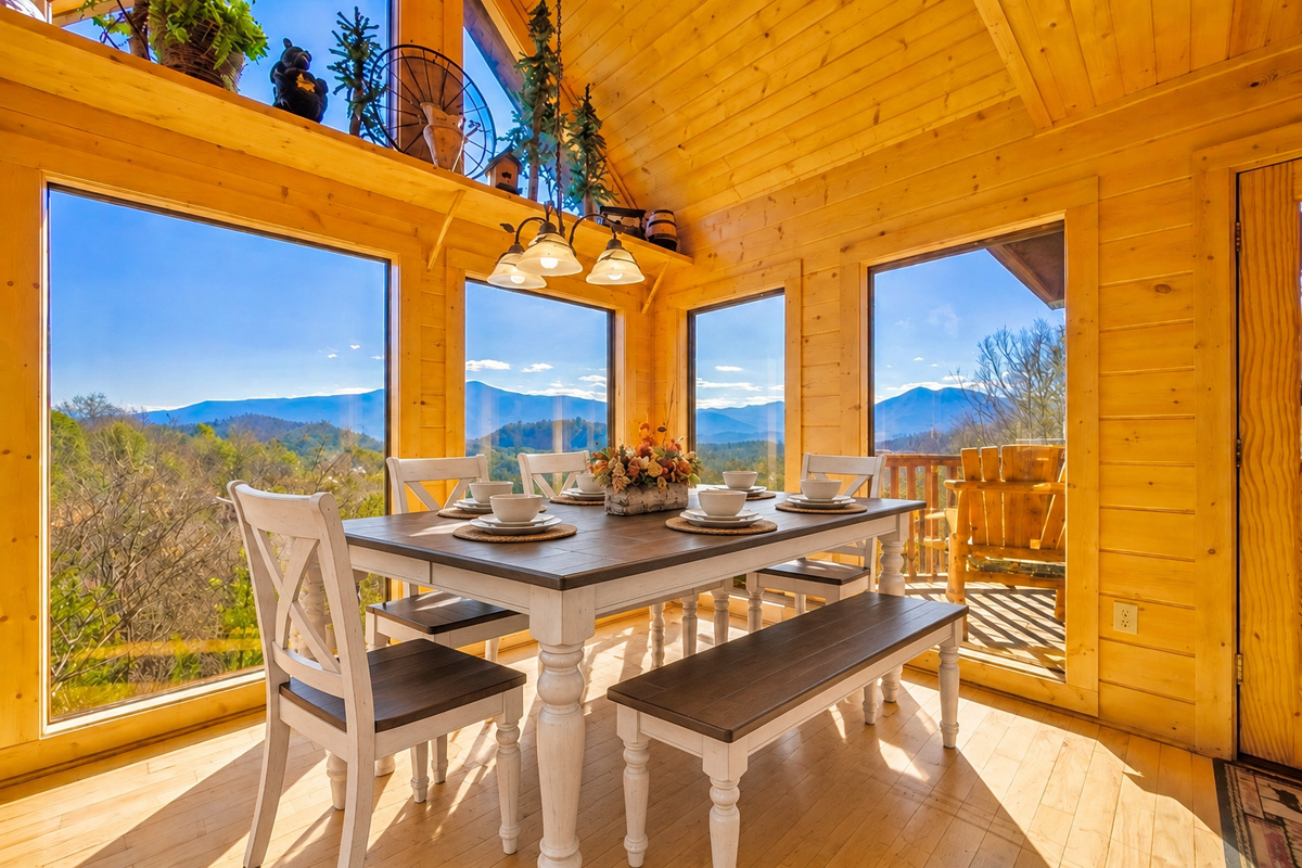 Savor every meal surrounded by panoramic mountain views and golden cabin glow. Whether it’s morning coffee or dinner at sunset, every moment here feels unforgettable.