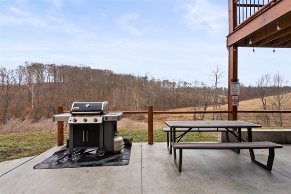Lower Level Patio with Weber Gas Grill and Outdoor Picnic Table.