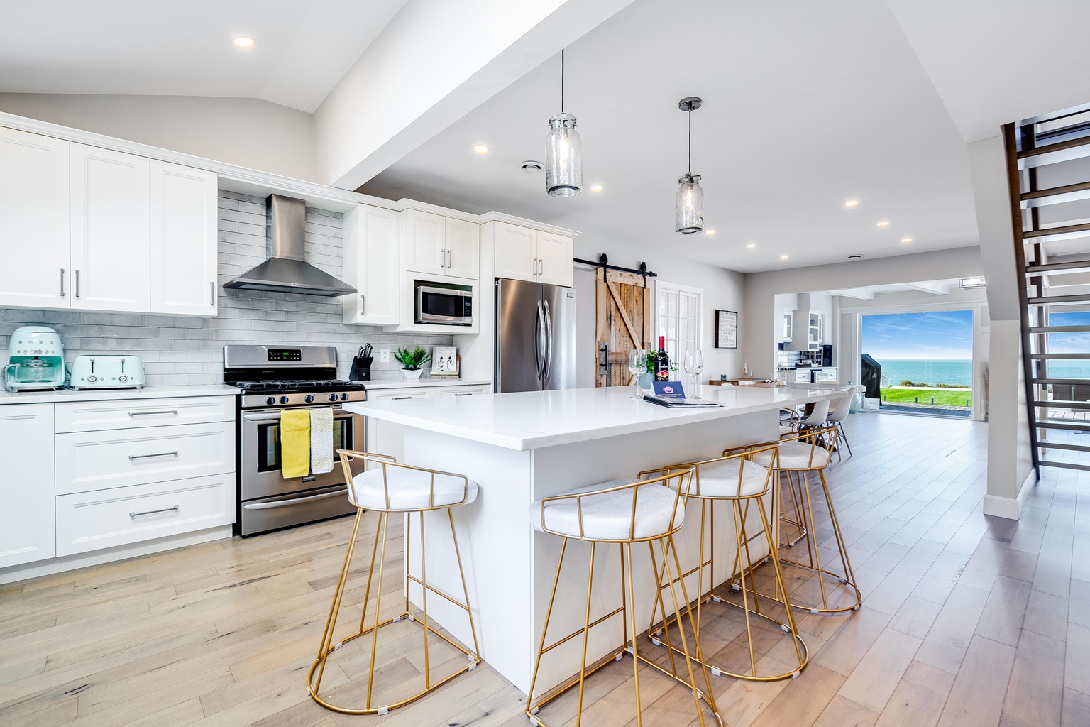 lake view open concept kitchen dining area