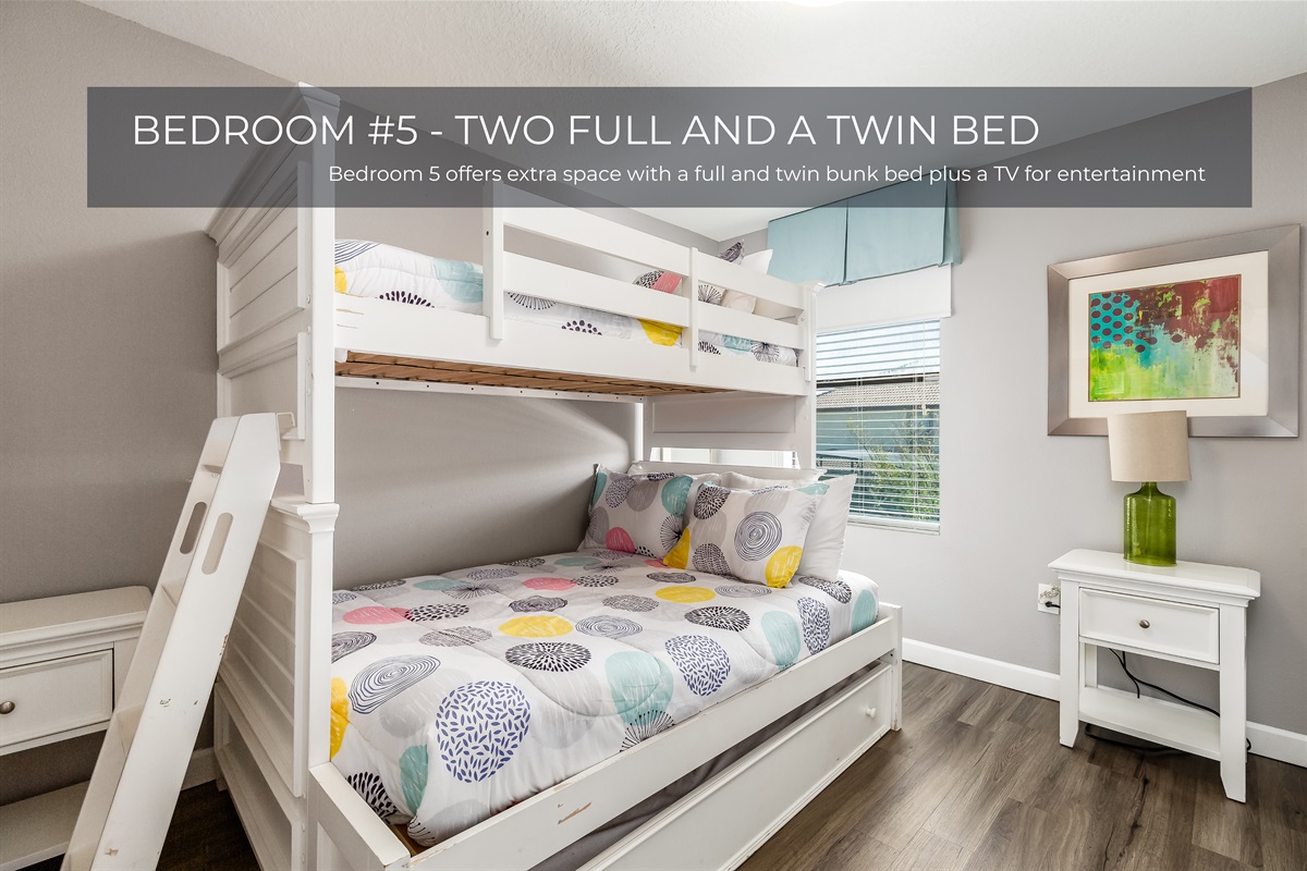 Bedroom 5 features a full and twin bunk bed perfect for kids or extra guests