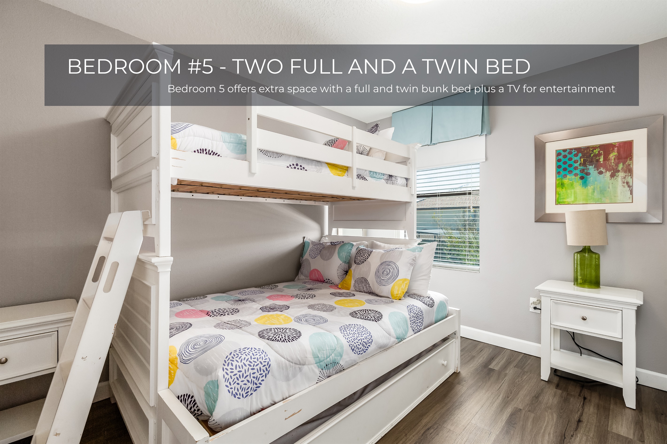 Bedroom 5 features a full and twin bunk bed perfect for kids or extra guests